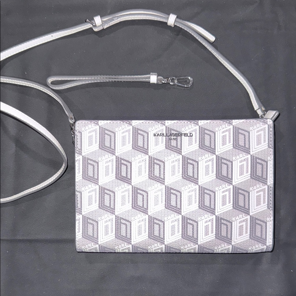 Karl Lagerfeld White and Light Gray Geometric Crossbody Bag